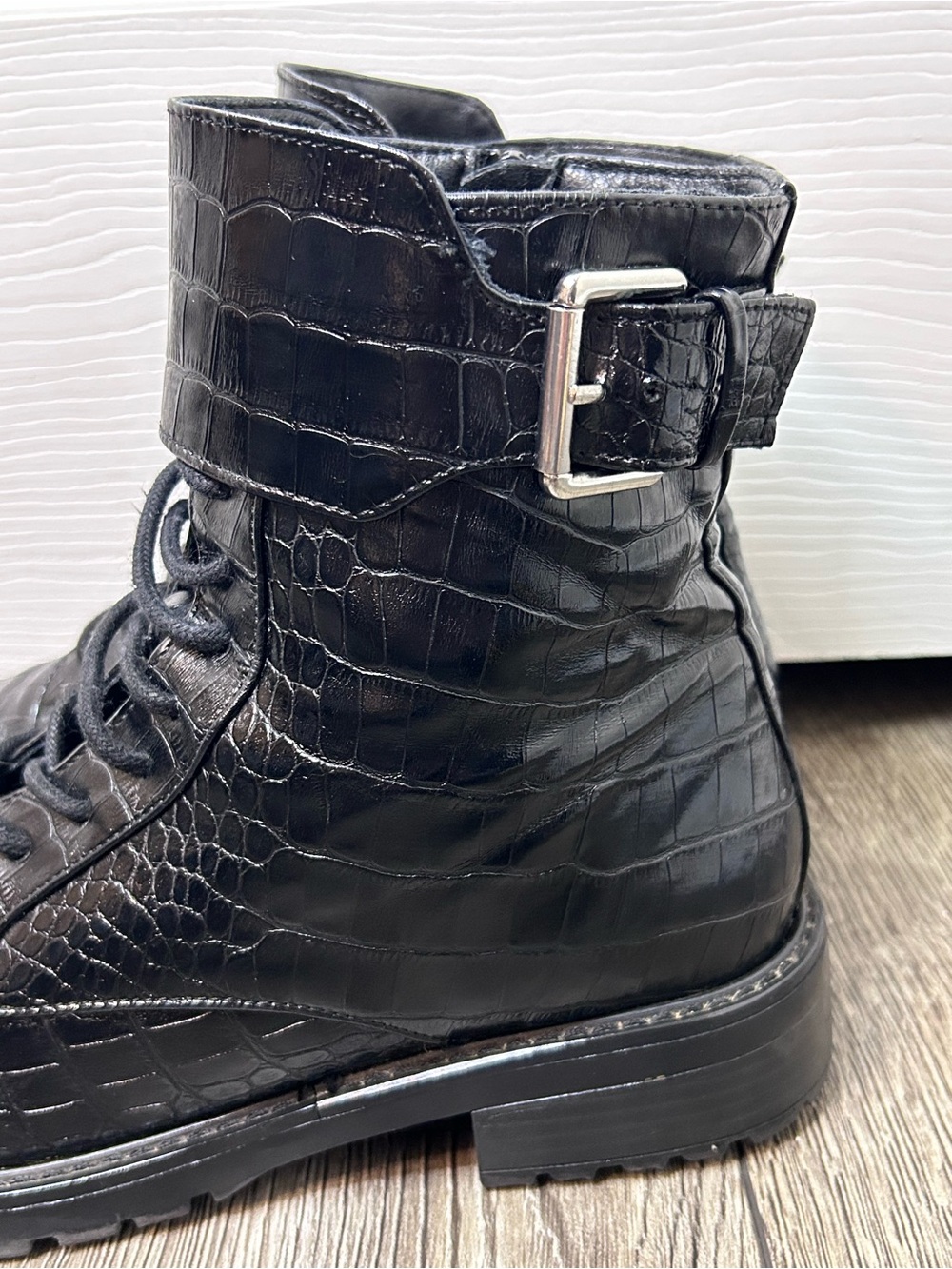 Black Croc Embossed Combat Boots Buckle Lace Up Ankle Boots Size 10 - Picture 6 of 12